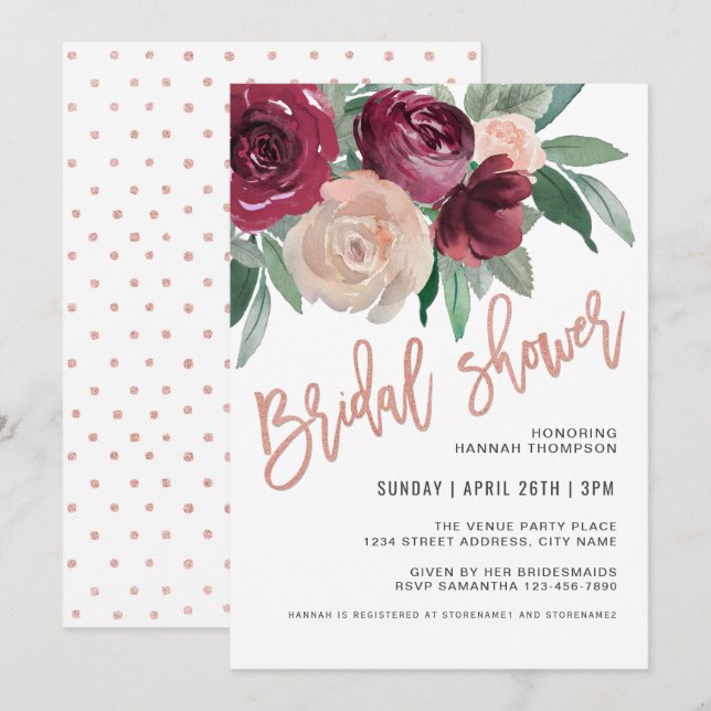 Marsala and Pale Pink Floral Bridal Shower Invitation (Front/Back)