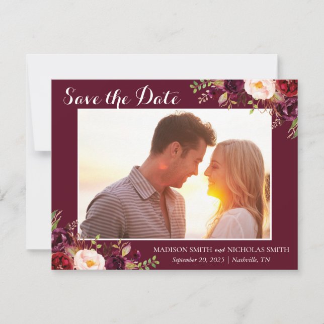 Marsala and Pink Floral Photo Save the Date Cards (Front)