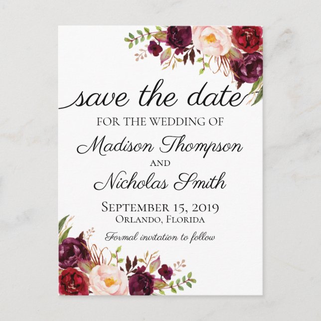 Marsala and Pink Floral Save the Date Postcards (Front)