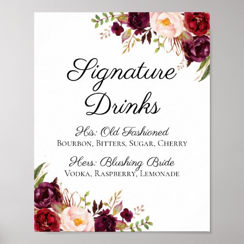 Marsala and Pink Floral Signature Drinks Sign