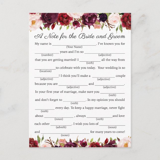 Marsala and Pink Floral Wedding Advice Cards (Front)