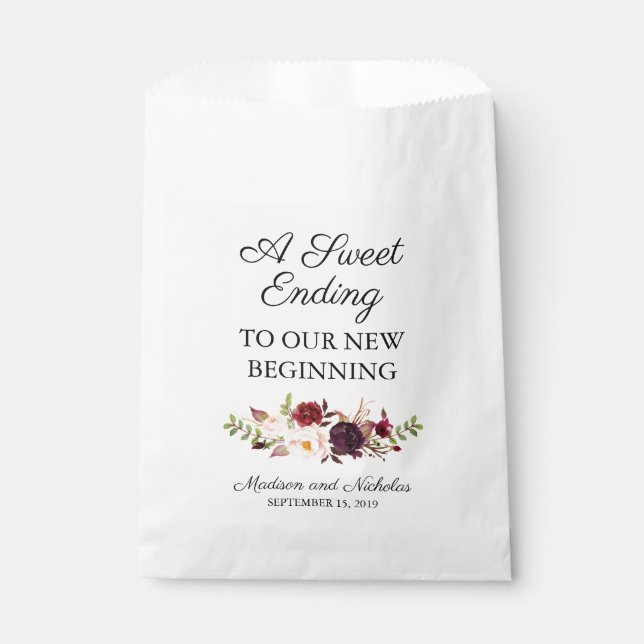 Marsala and Pink Floral Wedding Favor Bags (Front)