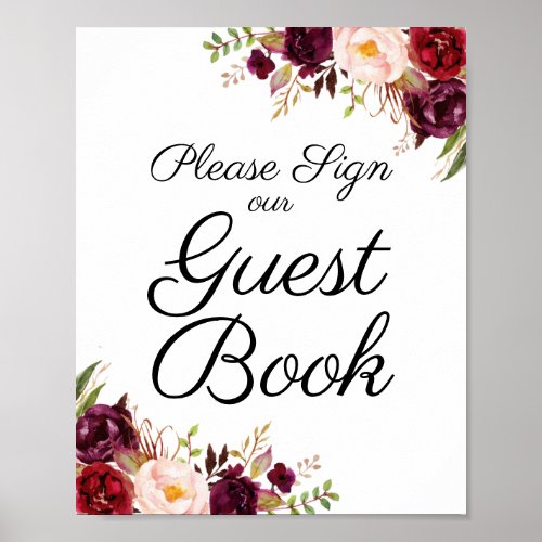 Marsala and Pink Floral Wedding Guest Book Sign