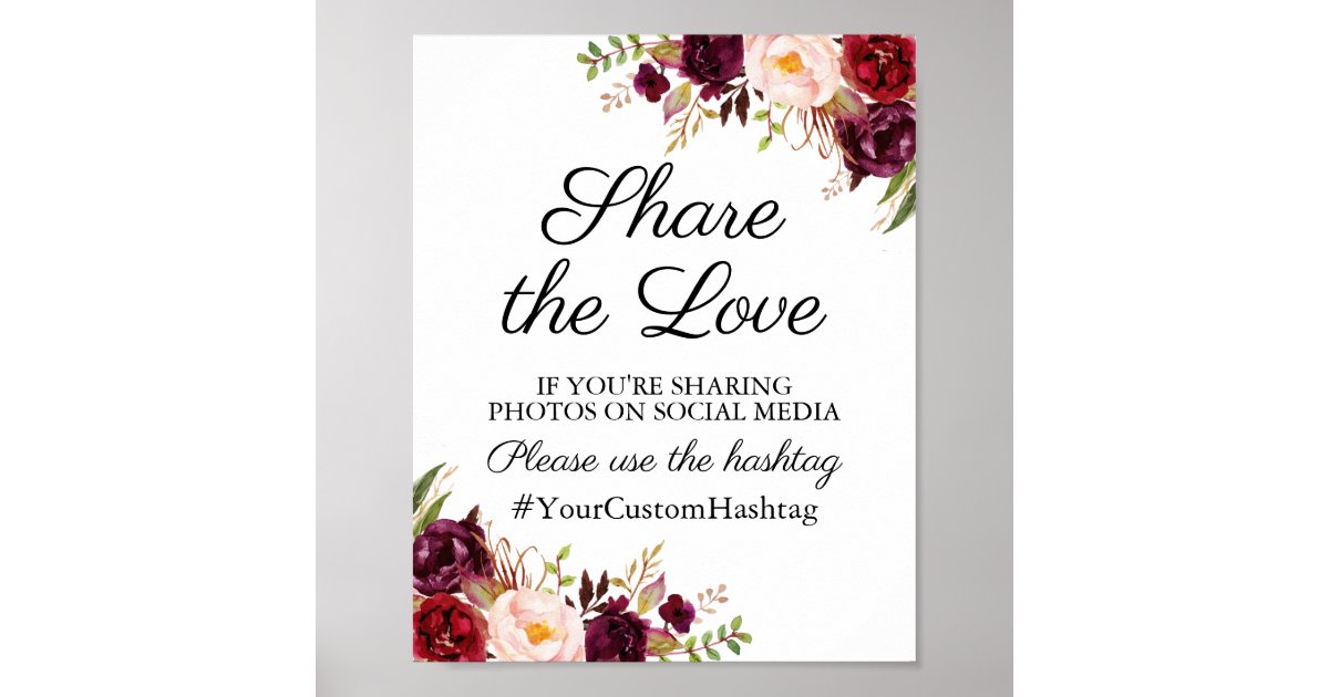 Marsala and Pink Floral Wedding Hashtag Sign | Zazzle