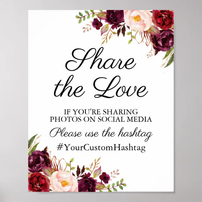 Marsala and Pink Floral Wedding Hashtag Sign | Zazzle
