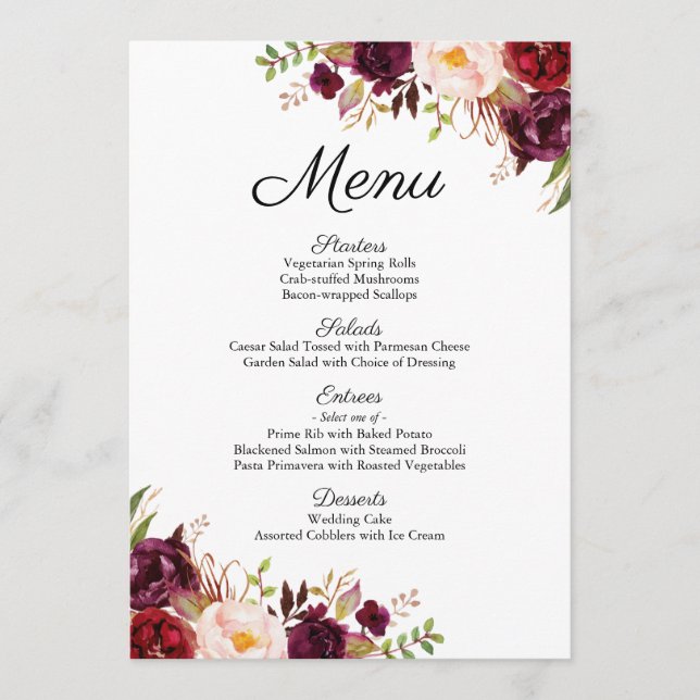 Marsala and Pink Floral Wedding Menu Cards (Front)