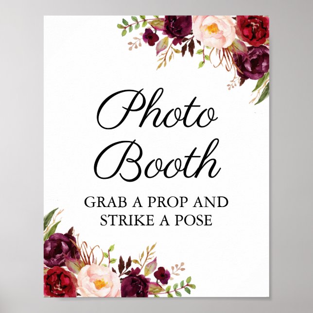Marsala and Pink Floral Wedding Photo Booth Sign (Front)