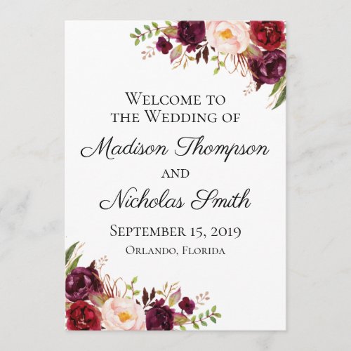 Marsala and Pink Floral Wedding Program Cards