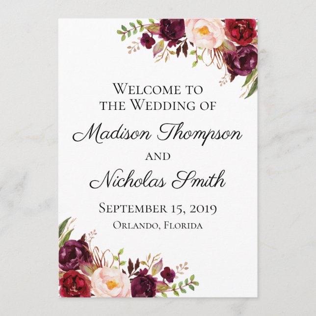 Marsala and Pink Floral Wedding Program Cards (Front)