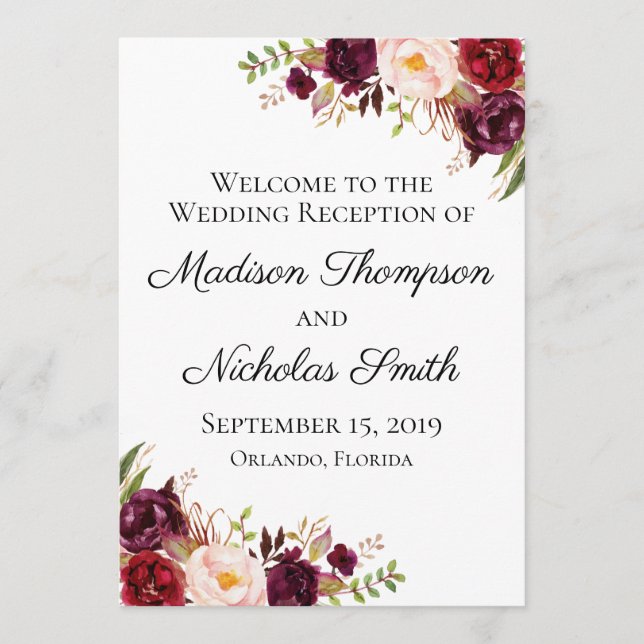 Marsala and Pink Floral Wedding Reception Programs (Front)