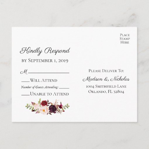 Marsala and Pink Floral Wedding RSVP Postcards | Zazzle