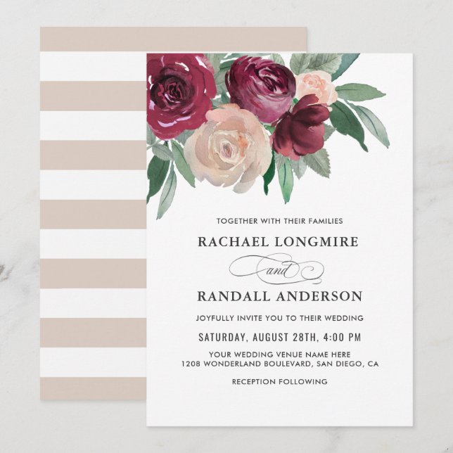 Marsala and Pink Watercolor Floral Wedding Invitation (Front/Back)