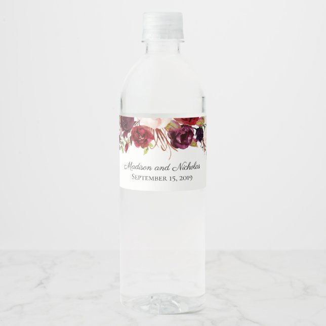 Marsala and Pink Wedding Water Bottle Labels (Front)