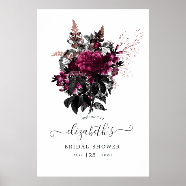 Marsala and Rose Gold Floral Bridal Shower Welcome Poster (Front)