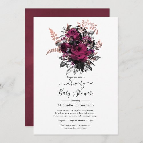 Marsala and Rose Gold Floral Drive By Shower Invitation