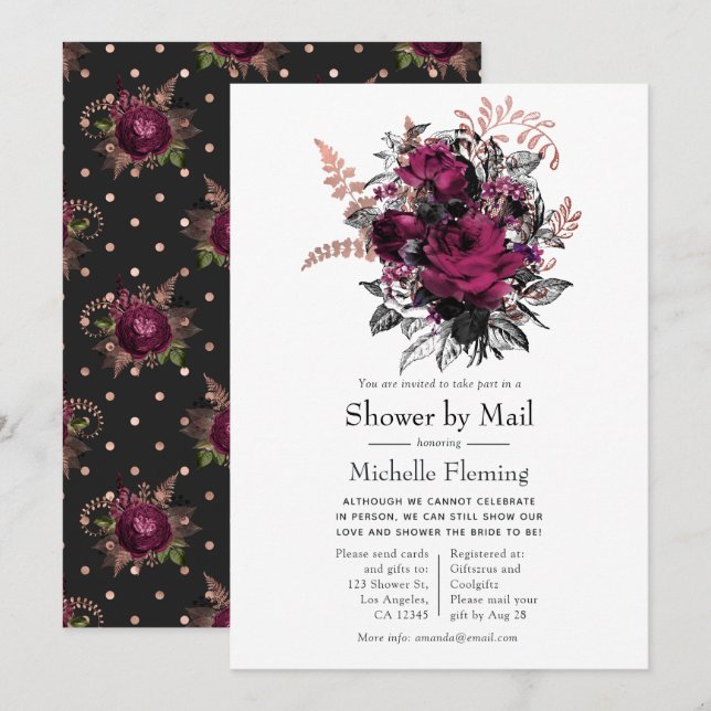 Marsala and Rose Gold Floral Shower by Mail Invitation (Front/Back)