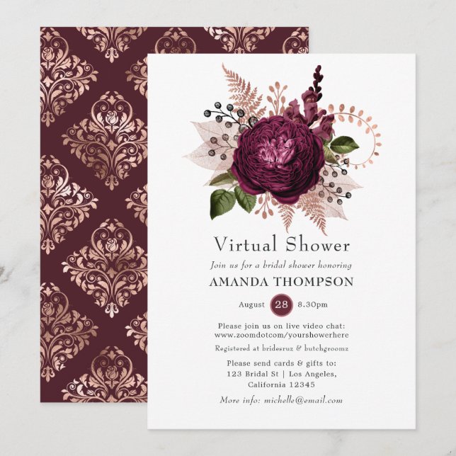 Marsala and Rose Gold Floral Virtual Shower Invitation (Front/Back)