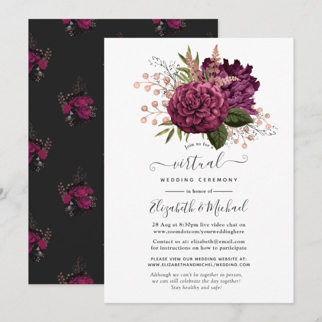 Marsala and Rose Gold Floral Virtual Wedding Invitation (Front/Back)