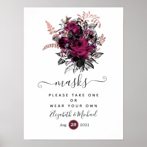 Marsala and Rose Gold Floral Wedding Face Masks Poster