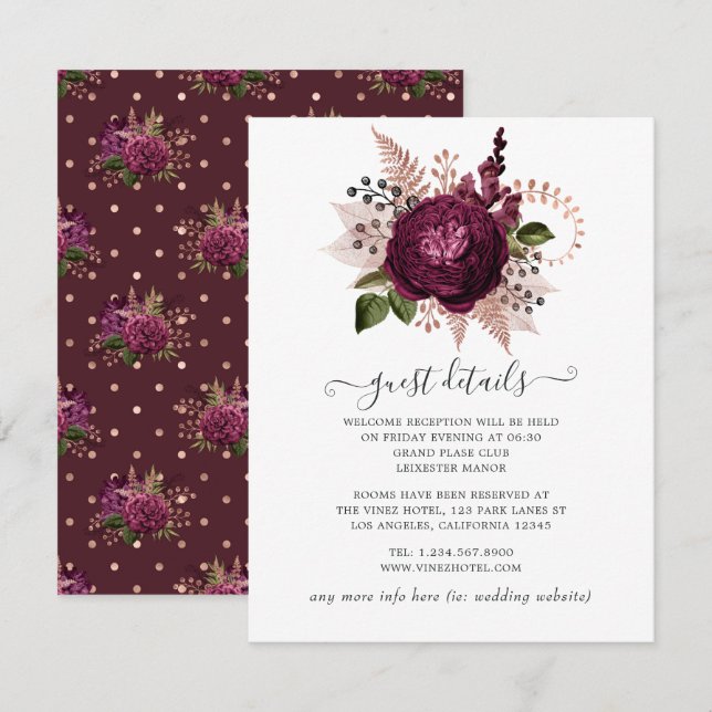 Marsala and Rose Gold Floral Wedding Guest Details Enclosure Card (Front/Back)