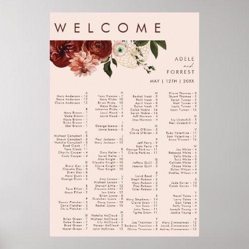 Marsala Autumn Floral  Blush Alphabetical Seating Poster