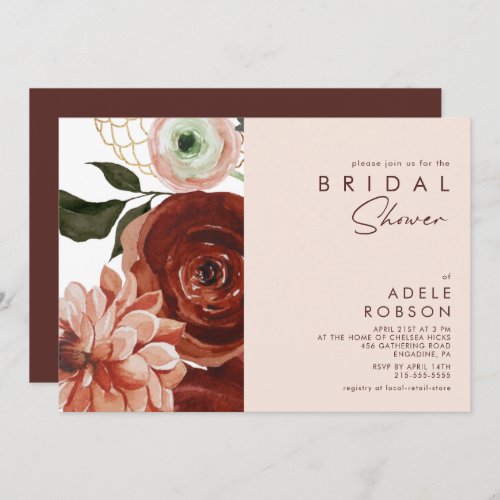 Marsala Autumn Floral  Blush Bridal Shower Invitation