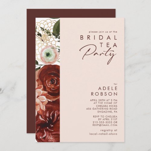 Marsala Autumn Floral  Blush Bridal Tea Party Invitation