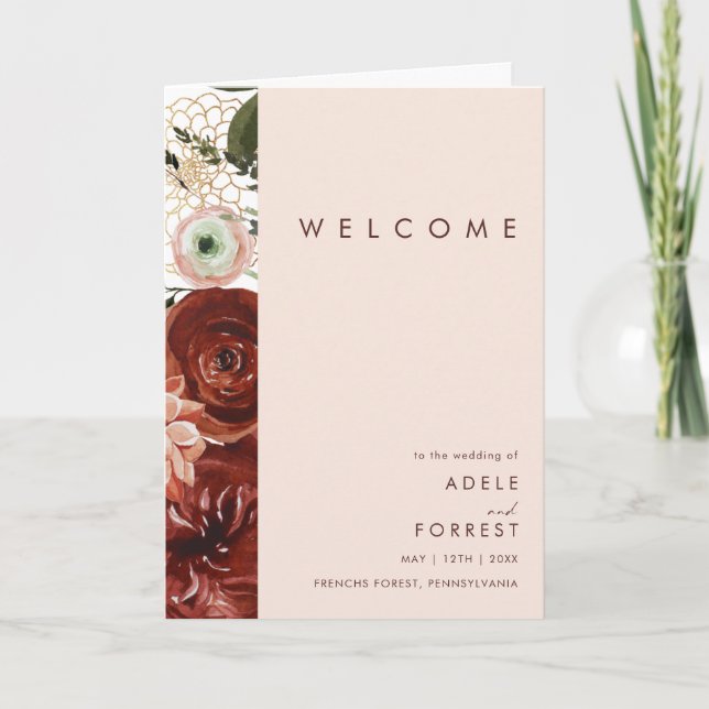 Marsala Autumn Floral | Blush Folded Wedding Program (Front)