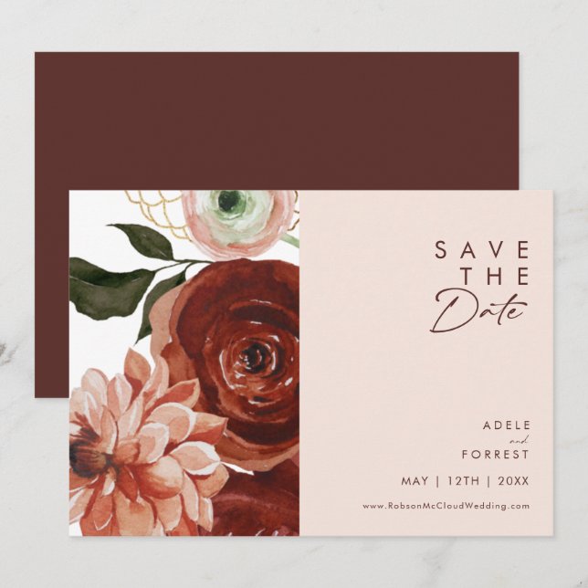 Marsala Autumn Floral | Blush Horizontal Save The Date (Front/Back)