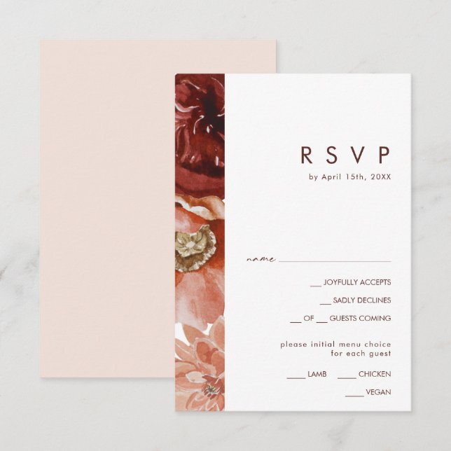 Marsala Autumn Floral Blush Menu Choice RSVP Card (Front/Back)