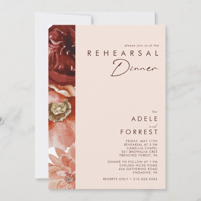 Marsala Autumn Floral | Blush Rehearsal Dinner Invitation (Front)