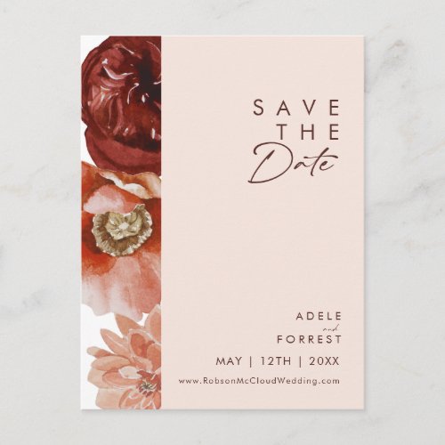 Marsala Autumn Floral Blush Save The Date Postcard