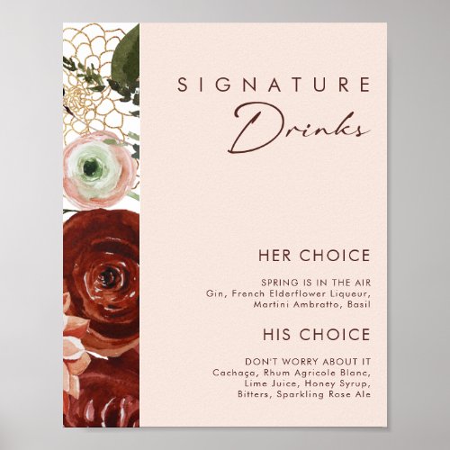 Marsala Autumn Floral  Blush Signature Drinks Poster