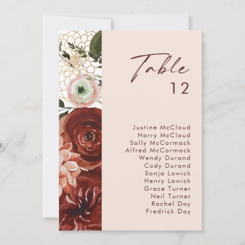 Marsala Autumn Floral  Blush Table Number Chart
