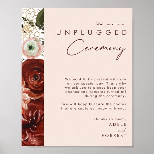 Marsala Autumn Floral  Blush Unplugged Ceremony Poster