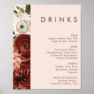 Marsala Autumn Floral Blush Wedding Drinks Menu Poster