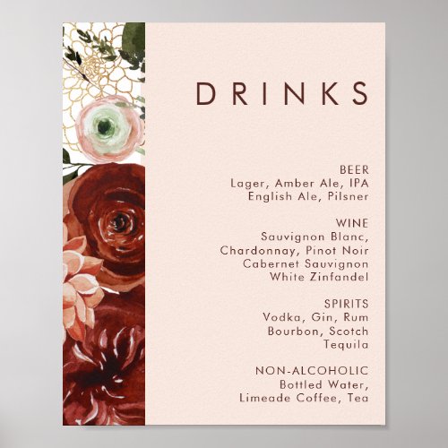 Marsala Autumn Floral  Blush Wedding Drinks Menu Poster