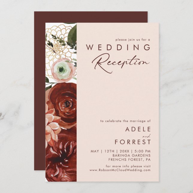 Marsala Autumn Floral | Blush Wedding Reception Invitation (Front/Back)