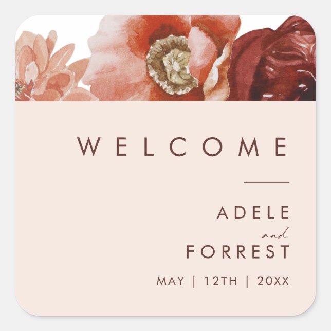 Marsala Autumn Floral | Blush Wedding Welcome Square Sticker (Front)