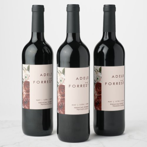 Marsala Autumn Floral  Blush Wedding Wine Label