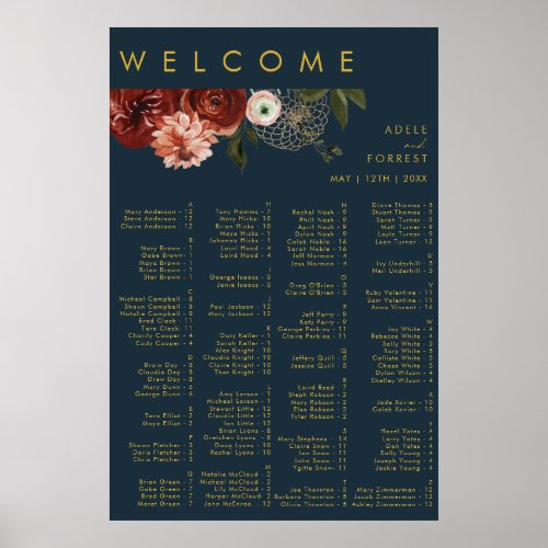 Marsala Autumn Floral  Gold Alphabetical Seating Poster