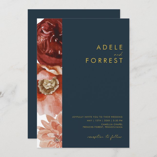 Marsala Autumn Floral | Navy All In One wedding Invitation (Front/Back)