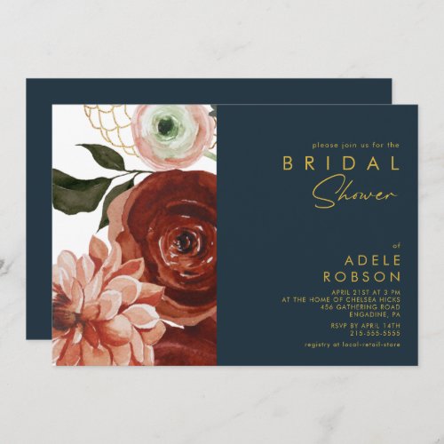 Marsala Autumn Floral  Navy Bridal Shower Invitation