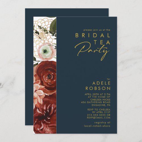 Marsala Autumn Floral  Navy Bridal Tea Party Invitation