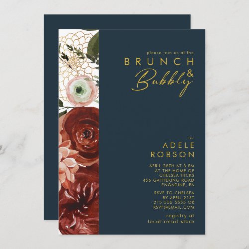 Marsala Autumn Floral  Navy Brunch and Bubbly Invitation