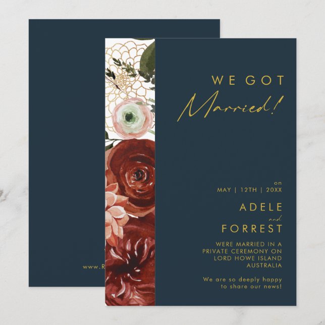 Marsala Autumn Floral Navy Elopement Announcement (Front/Back)