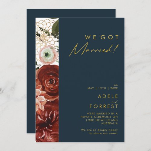 Marsala Autumn Floral Navy Elopement Announcement