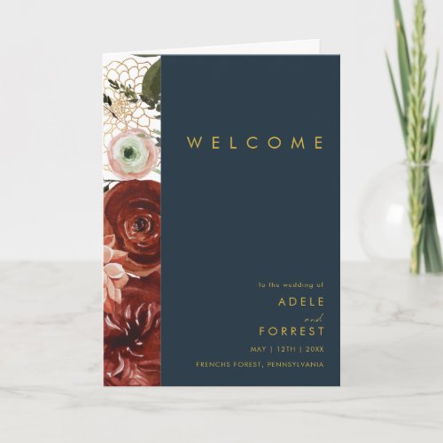 Marsala Autumn Floral  Navy Folded Wedding Program