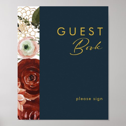 Marsala Autumn Floral  Navy Guest Book Sign
