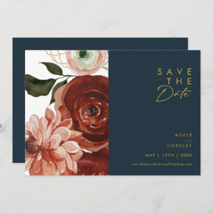 Marsala Autumn Floral Navy Horizontal Save The Date